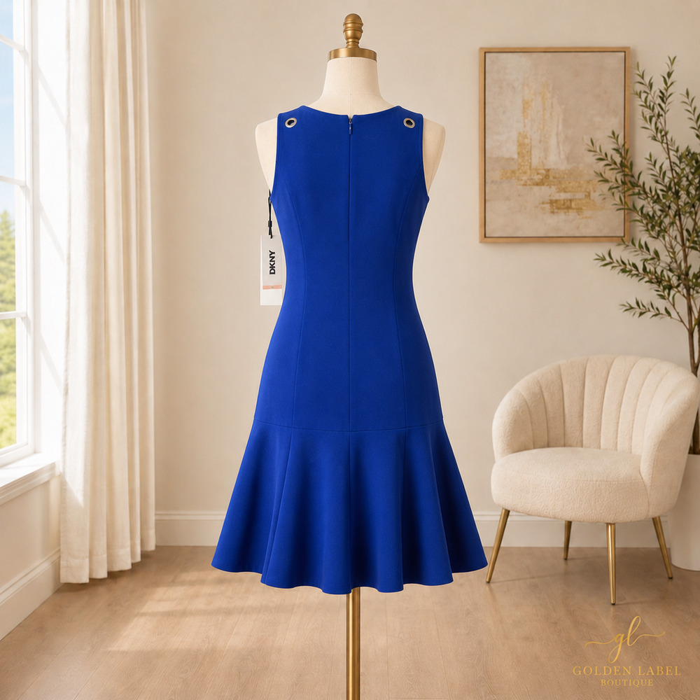 DKNY Fit & Flare Dress Womens 10 Royal Blue Grommet Shoulder Sleeveless NWT - Picture 3 of 7